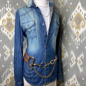 Ralph Lauren Made in Italy Tri-Strap Tan Calf & Brass Chain Link Horse Bit Belt